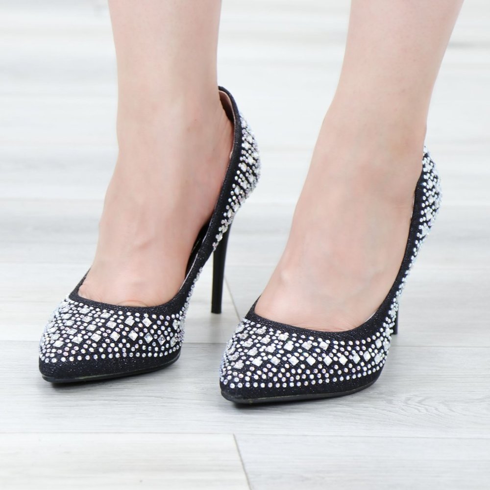 Sparkly Diamond Rhinestone Glitter  Black Pointy Toe Needle High Heel Stiletto - Picture 15 of 15